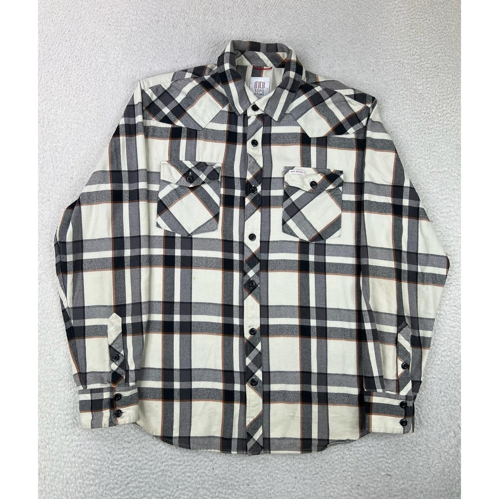 Topo Designs Shirt Mens Large White Gray Plaid Flannel Button Up Cotton Casual